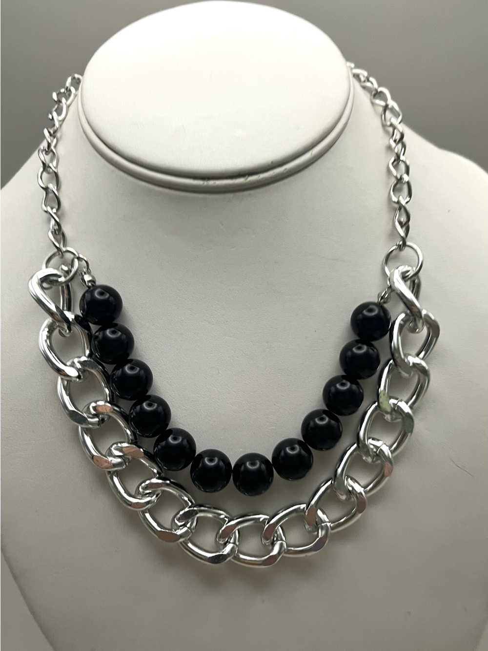Silver Tone Chunky Chain Black Bead Statement Choker Necklace Double Layer